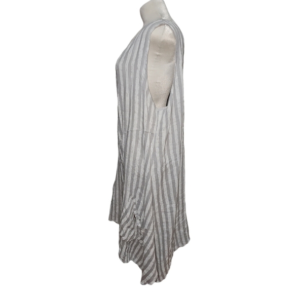 Linen Italy Tunic Dress Grey & White Stripe Bohemian Pockets - Picture 2 of 8